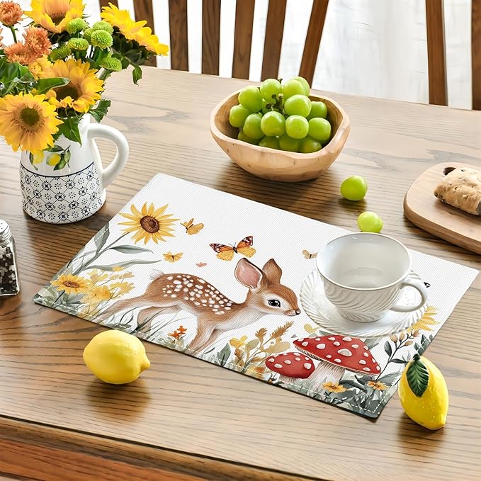 Cute Deer Placemats Set of 6, Sunflower Butterfly Place Mats, Sika Deer Waterproof Washable Table Mats for Home Party Indoor Kitchen Dining Table Decoration 12x18 Inch