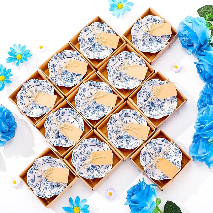 12 Pcs Wedding Favors for Guests Small Ceramic Bowl Bulk Gifts Set 3.3 Inch Floral Design Mini Dipping Sauce Dish with Card Box for Bridal Pooja Baby Shower Birthday Guest Gift (Blue)