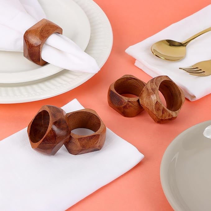 CLEENTABLE Wooden Napkin Rings Set of 12 Fall Decor for Home Square Acacia Wood Napkin Holders for Dining Table Wood Napkin Ring Rustic Table Décor for Weddings, Parties, Everyday Use (Brown)