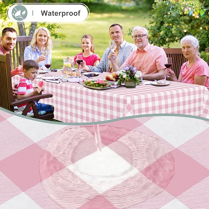 misaya Rectangle Waterproof Vinyl Table Cloth, Buffalo Flannel Backed Tablecloth, Wipeable Plastic Table Cover for Valentine's Day, Dinner, Kitchen, Outdoor (54" x 78", Pink and White)