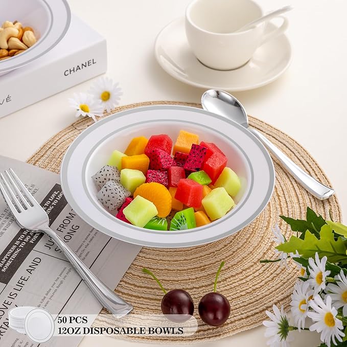 50pc Disposable Soup Bowls With Silver Rim,12oz Disposable Soup Bowls,Disposable Soup Dessert Salad Bowls for Wedding/Party/Catered Events