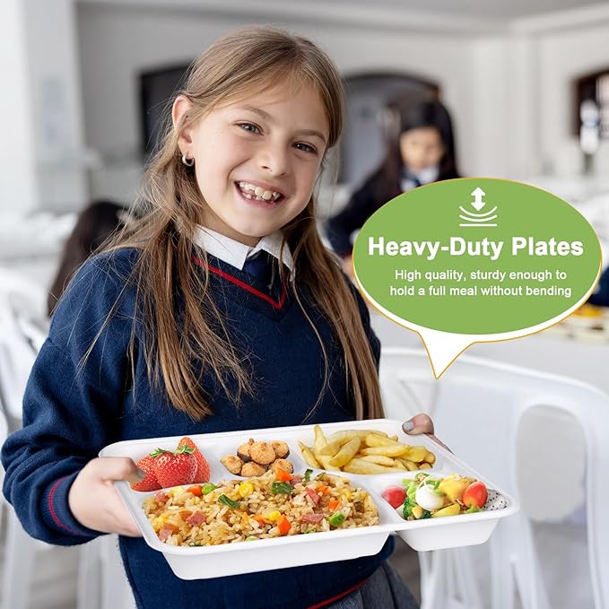 Compostable 5 Compartment Paper Plates Disposable, 11 * 8.6 inch, [50-Pack] Heavy Duty Plates with Deep Dividers, Sturdy School Lunch Trays, White Large Paper Dinner Plates for Buffet Party
