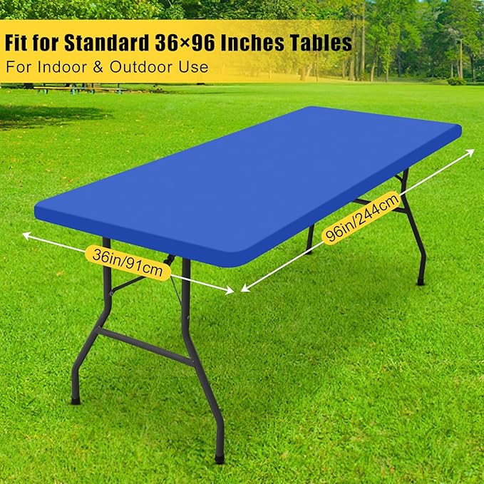 Smiry Rectangle Tablecloth, Elastic Fitted Flannel Backed Vinyl Tablecloths for 8ft Folding Tables, Waterproof Wipeable Table Covers for Indoor, Outdoor, Picnic and Camping (Blue, 36"x96")