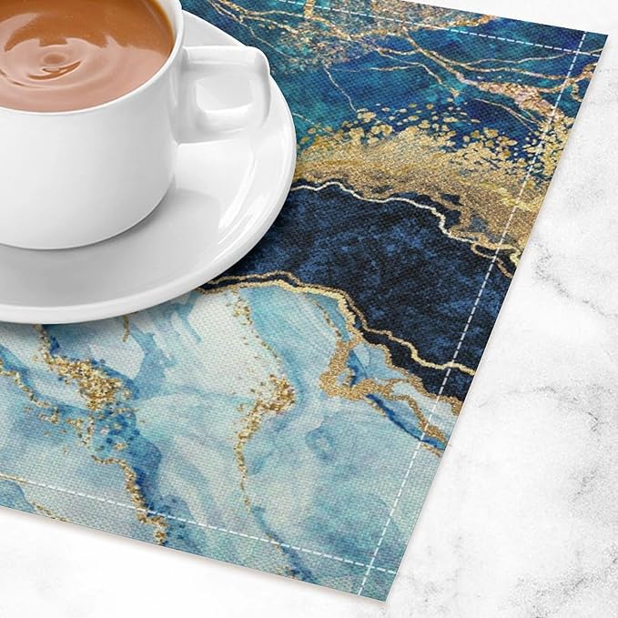 Marble Linen Placemats Set of 2, Modern Abstract Foil Texture White Blue Gold Marble Washable Cloth Place Mats, Non-Slip Dining Table Placemats for Home Kitchen Party Banquets Decor 12x17 Inch