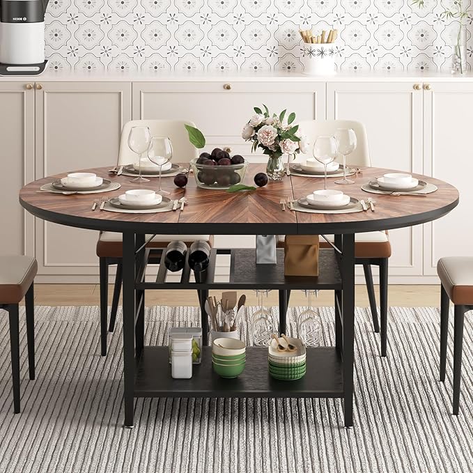 VFK 47.2"-63" Extendable Round Dining Table Set for 4–6, Solid Wood & Metal Table with Wine Rack Storage Shelf, Walnut Kitchen Furniture with 4 Upholstered Chairs (Storage Table and 4 Brown Chairs)
