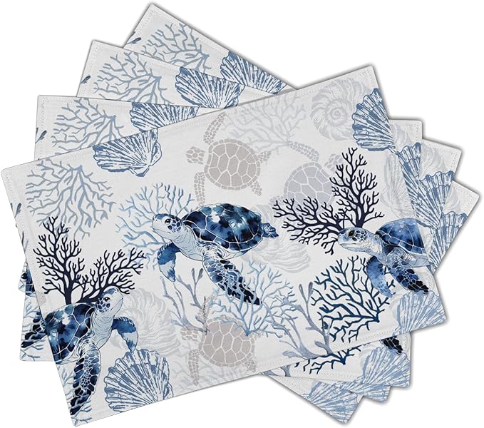 Coastal Placemats Set of 4 - Nautical Place Mats 12x18 Beach Table Mats Sea Turtle Coral Kitchen Mats for Party Dining Table