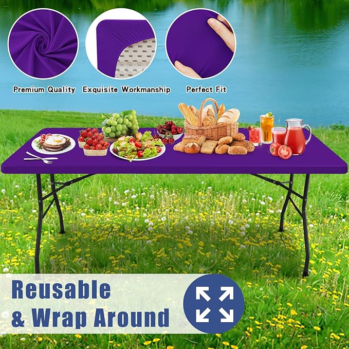 Spandex 8 Foot Rectangle Table Cloth 2 Pack, Elastic Fitted Tablecloths for Picnic, Stretch Washable Patio Table Cover for Outdoor, Camping, Banquet and Parties (Purple, 30"x96")