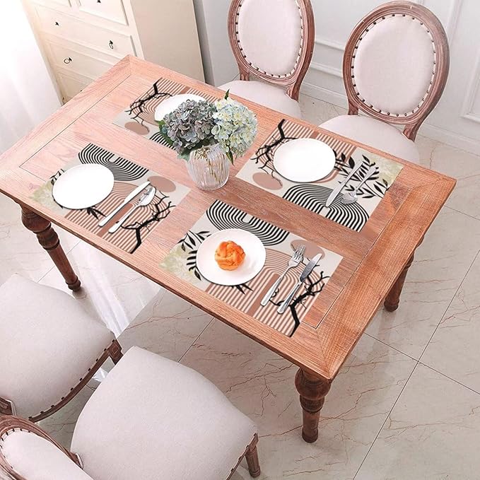 Abstract Mid Century Plant Placemats Boho Retro Tropical Palm Sun Arch Minimalist Modern Aesthetic Geometric Washable Place Mats 12x18Inch for Dining Kitchen Farmhouse Decor 6 PCS