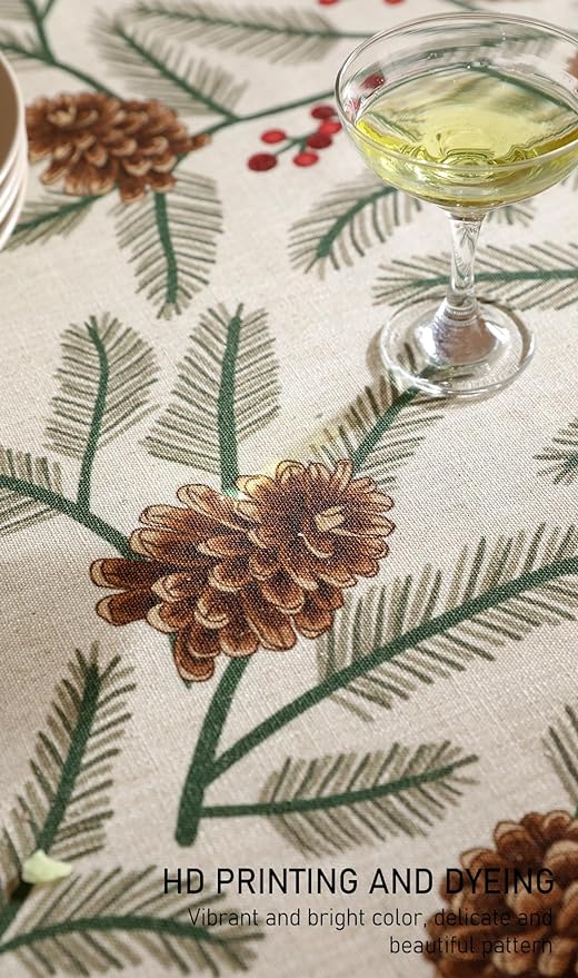 ISAENNE Designer Christmas Beige Linen Long Rectangle Tablecloth,Pinecones Pattern Indoor Table Cloths,Washable Decor Tablecloths for Dining Thanksgiving Kitchen Christmas,63"*94"-Carol B