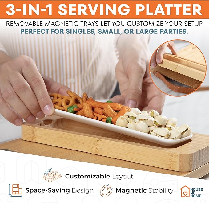 Bamboo Charcuterie Board Gift Set with Magnetic Removable Side Trays and Fruit Tray, Large Serving Platter with Handles, Valentine’s Day Gift for Couples, Housewarming and New Home Gifts