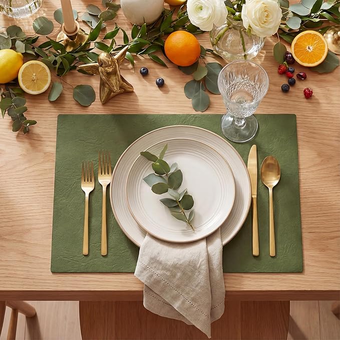 Artoid Mode Olive Green Faux Leather Placemats Set of 4, 12x18 Inch Waterproof Wipeable Heat Resistant Vinyl Place Mats, Reversible Table Mats for Kitchen Dining Decor