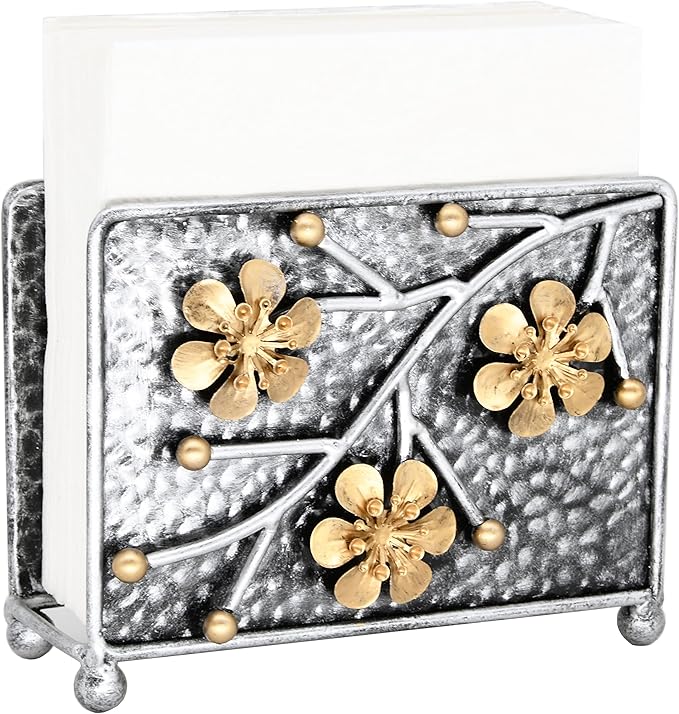 OwlGift Sakura Napkin Holder, Cherry Blossom Design Metal Freestanding Tissue Dispenser Organizer Iron Tabletop Paper Napkin Holder Stand for Home Kitchen Restaurant Picnic Party, Silver