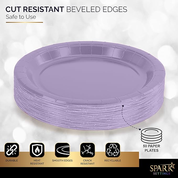 Disposable Paper Plates Lavender, 7 Inch Paper Dessert Plates, Strong and Sturdy Disposable Plate for Party, Dinner, Holiday, Picnic, or Travel Party Plate, Pack of 50