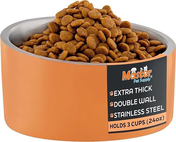 Master Pet Supply Stainless Steel Slanted Dog Cat Food Bowl - 24 oz Heavy Duty - Mango Tango, Double Wall Insulated, Non-Slip Elevated Bowl for French Bulldogs Pugs Cats, Anti Rust Dishwasher Safe