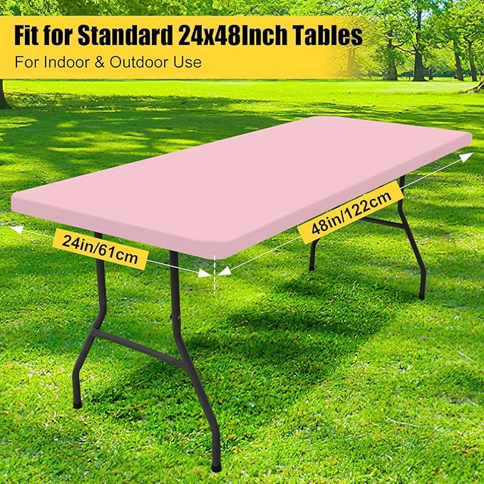 Smiry Rectangle Picnic Table Cloth, Waterproof Elastic Fitted Tablecloths for 4 Foot Tables, Washable Polyester Table Cover for Camping, Valentine's Day and Outdoor (Pink, 24"x48")