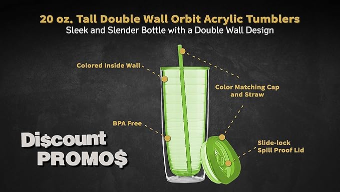 DISCOUNT PROMOS Tall Orbit Acrylic Tumblers 20 oz. Set of 10, Bulk Pack - Perfect for Iced Coffee, Soda, Other Hot & Cold Beverages - Lime Green