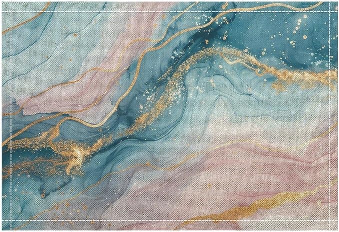 Marble Linen Placemats Set of 4, Modern Luxury Foil Texture Pink Blue Gold Marble Washable Cloth Place Mats, Non-Slip Dining Table Placemats for Home Kitchen Party Banquets Decor 12x17 Inch