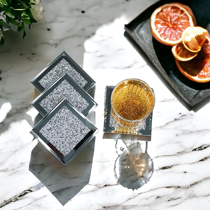 Crushed Diamond Crystal Glass Mirrored Square Coasters Set of 4 Glittering Bling Silver TRENDZY ® Drink Wine Coasters for Home Kitchen Bar & Restaurant Home Decor Birthday Wedding (Square)