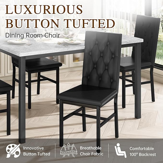 Hooseng Dining Table Set for 4, Faux Marble Small Kitchen Table Chairs Set of 4 with Luxurious Button Tufted Dinner Chairs for Kitchen and Dining (Gray)