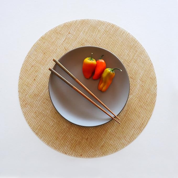 modern-twist 15" Round Silicone Placemat, BPA, PVC-Free Table Mat, Dishwasher Safe, Linen Print in Straw, Pack of 1