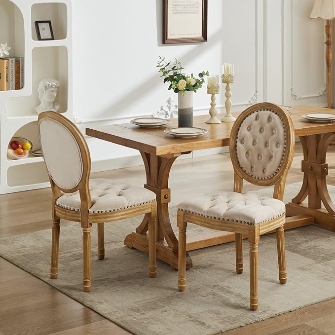 Vintage French Dining Chairs Set of 2, Round Back Velvet Upholstered Accent Chairs with Nailhead Trim and Solid Wood Frame, Elegant Sillas de Comedor for Dining Room & Kitchen, Beige