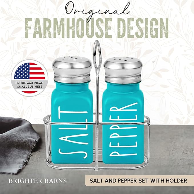 Teal Salt and Pepper Shakers Set with Holder by Brighter Barns - Turquoise Kitchen Decor and Accessories - Cute Salt and Pepper Set with Caddy - Modern Farmhouse Glass Shakers for Dining Table (Teal)
