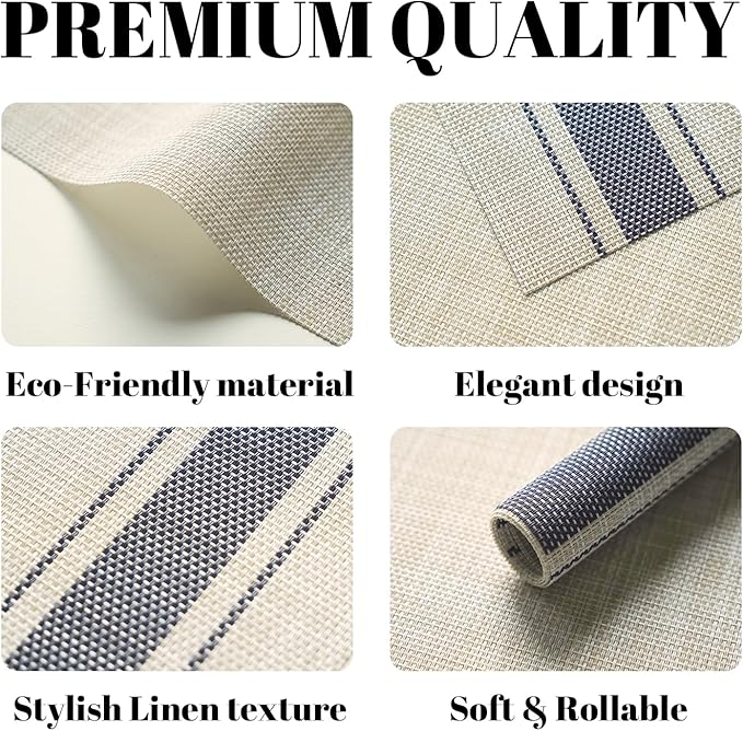 Placemats Set of 12 Vinyl/Plastic Woven Place Mats for Kitchen Table Indoor/Outdoor Washable Placemat Wipeable Dining Table Mats (Khaki Blue,12)