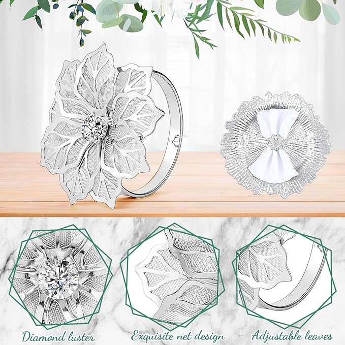 Dandat 100 Pcs Charger Plate Bulk 13'' Floral Reef Plates with Napkin Ring Plastic Dinner Charger Hollow Out Flower Napkin Holder Plastic Plate for Table Setting Wedding Party (Silver)