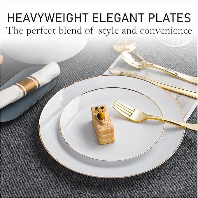 100PCS White Dinnerware Combo | 50 Gold Rim Appetizer/Dessert Plates (7.5in) & 50 Dinner Plates (10in) | Heavy Duty Disposable Plastic Plates For Wedding, Parties, Catering