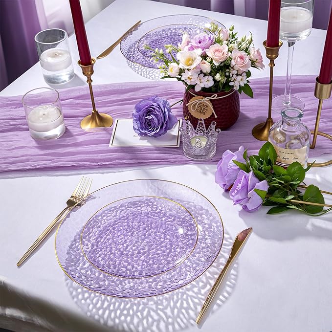 Rubtlamp 60Pcs Clear Purple Gold Plastic Plates, Purple Disposable Plates With Gold Rim, Hammered Plastic Plates Include 30 Clear Dessert Plates, 30 Dinner Plates for Party