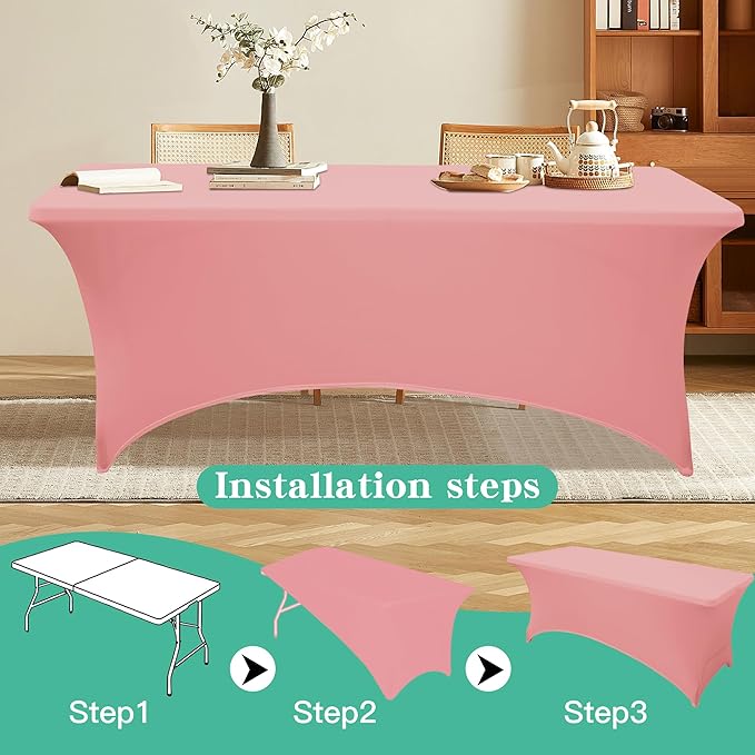 2Pack 6FT Table Cloth for Rectangular Fitted Events Stretch Pink Table Covers Washable Spandex Tablecloth Protector for Party, Wedding, Cocktail, Banquet, Festival