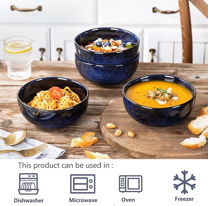 vicrays Ceramic Cereal Bowls - 26 Ounce Porcelain Soup Salad Rice Dessert Cream Set - Chip Resistant Dishwasher Microwave Safe - Set of 6 (Blue)