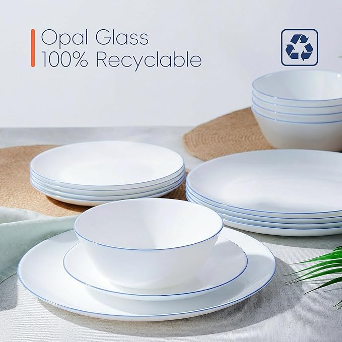 16OZ Opal Glass Cereal and Soup Bowl Set of 4, 6 inch Dishwasher & Microwave Safe Round Bowls for Salad and Rice, Hand Painted Navy Blue Rim