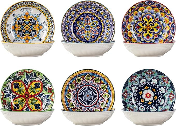 10 OZ Small Snack Bowls/Dishes Set of 6 - Ceramic Colorful Bowls for Side Dishes, Ice Cream, Dessert, Appetizers, Dips and Sauces, Dishwasher & Microwave Safe - Bohemian Style