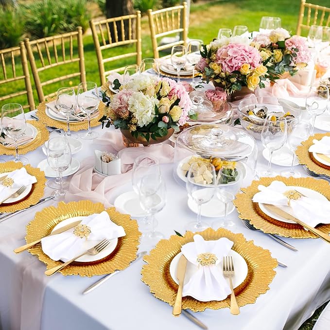 Dandat 100 Pcs Charger Plate Bulk 13'' Floral Reef Plates with Napkin Ring Plastic Dinner Charger Hollow Out Flower Napkin Holder Plastic Plate for Table Setting Wedding Party (Gold)