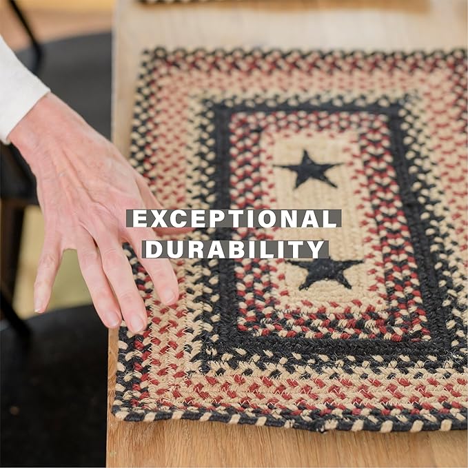 Homespice Primitive Star Gloucester Jute Woven Placemats, Warm Primitive Decor, Set of 4, Black and Red 13x19 Rectangle Table Mats - Vibrant Colors, Durable, Easy to Clean and Protects Furniture