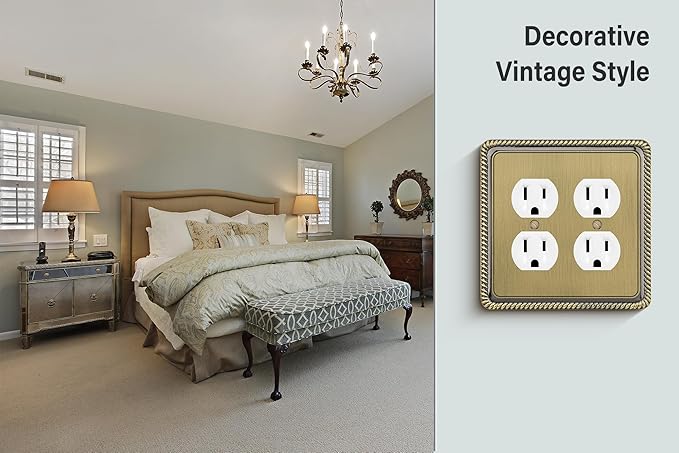 Henne Bery Rope Edge Decorative Wall Plate Switch Plate Outlet Cover (Double Duplex, Antique Brass)