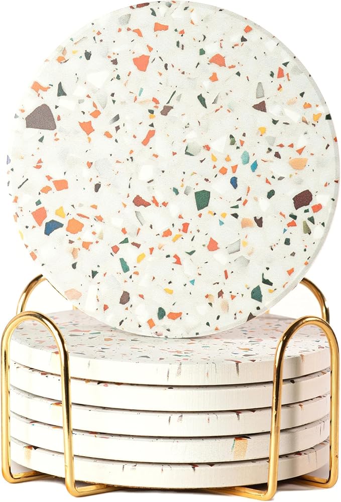 Terrazzo Drink Absorbent Coasters with Holder Set of 6, Ceramic Coaster for Drinks, Coffee Table Decor, Water Absorbing Stone Coaster for Drinks (Marble)