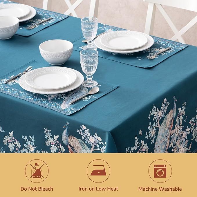Maison d' Hermine Premium Table Cloth Rectangle Table 100% Combed Cotton 90 x 70 Inches Tablecloth Reusable Decorative for Dining Room, Farmhouse, Party, Festive & Wedding - Peacock Utopia - Deep Sea