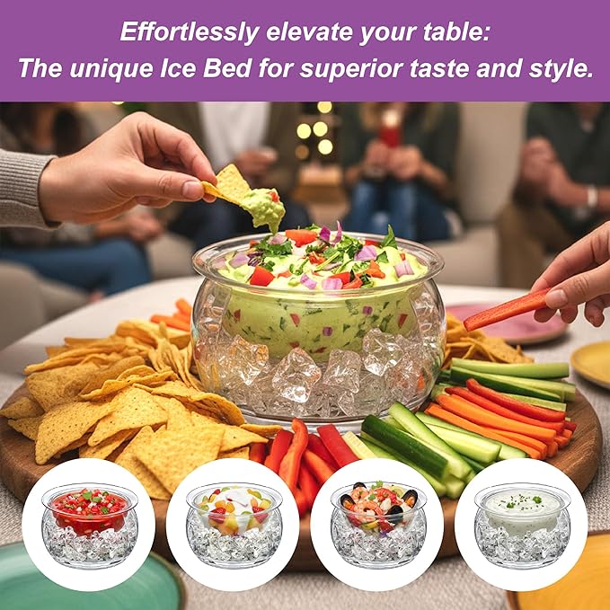 Amazing Abby - Ice Bed - Acrylic Chilled Dip Server Bowl with Ice Chamber (2-Pack), Clear Plastic Iced Serving Bowl, Keeping Dips and Condiments Cold and Fresh for Party, Picnic, Outdoor Dining