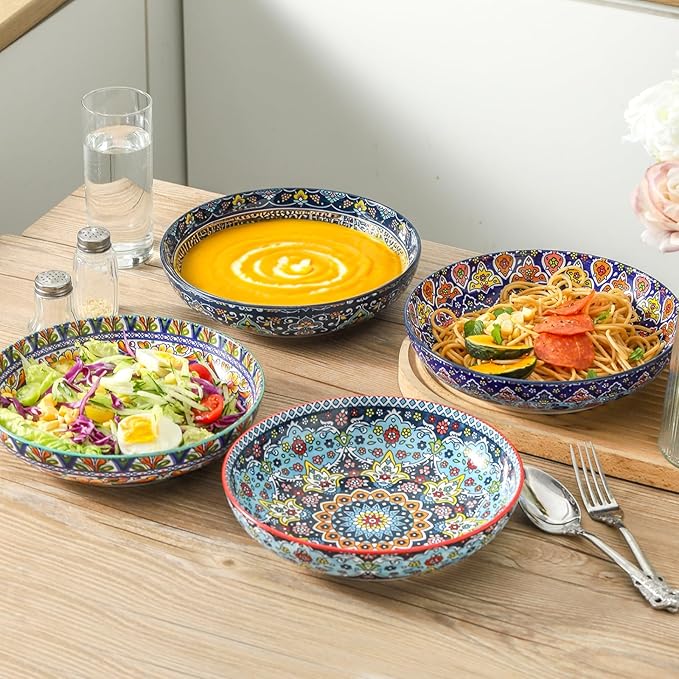glowworm Pasta Bowls Set of 4, 42 oz Ceramic Salad Bowls for Kitchen, Large Serving Bowls for Ramen, Fruit, Housewarming Gift, Dishwasher & Microwave Safe, Bohemian
