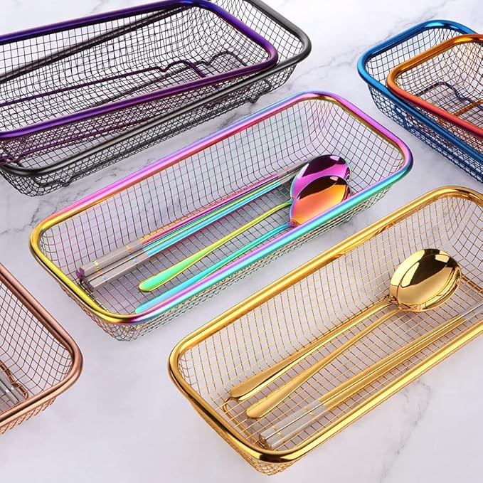 Kitchen Drawer Organizer, Stainless Steel Storage Container Metal Cabinet Storage Basket for Holding Silverware Kitchen Utensil, Pack of 2, Purple