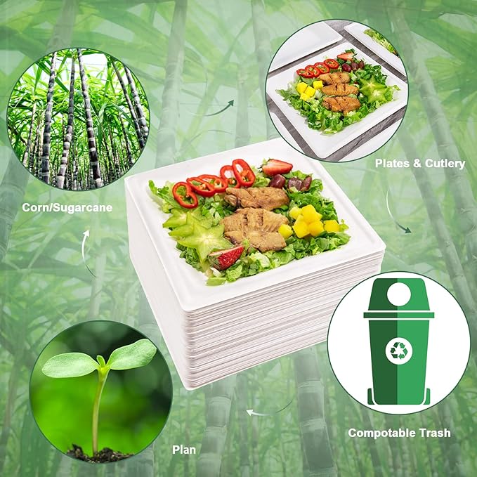 SUT 10-Inch Compostable Paper Plates, 100 PCS Square Biodegradable Bagasse Plates, Heavy-Duty Microwaveable Plates, Eco-Friendly Natural Disposable Plates, Made of Sugarcane Fibers, for Party, Picnic