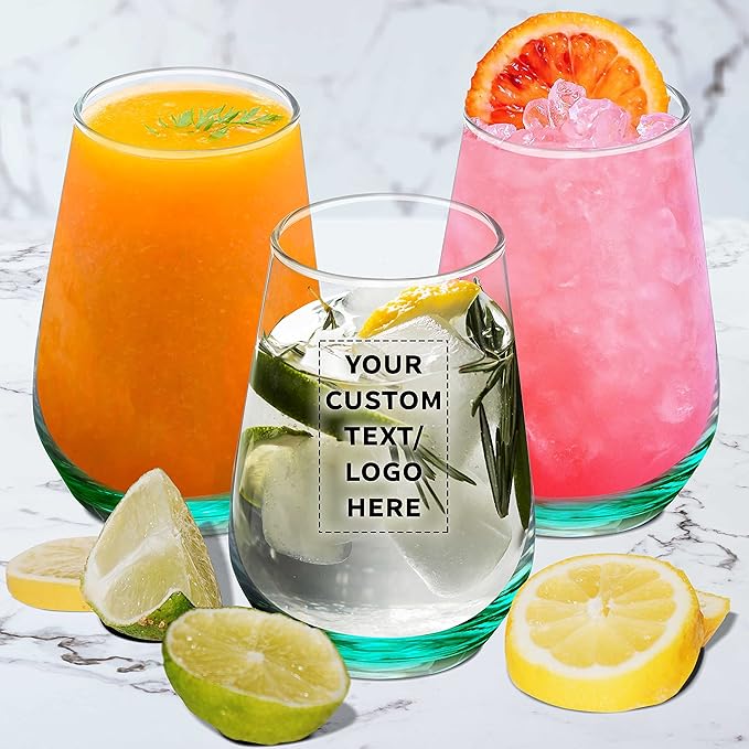 DISCOUNT PROMOS 50 Vaso Silicia Stemless Wine Glasses Set, 16 oz. - Personalized Text, Logo - Clear, Orb-Like, Thick base - Green