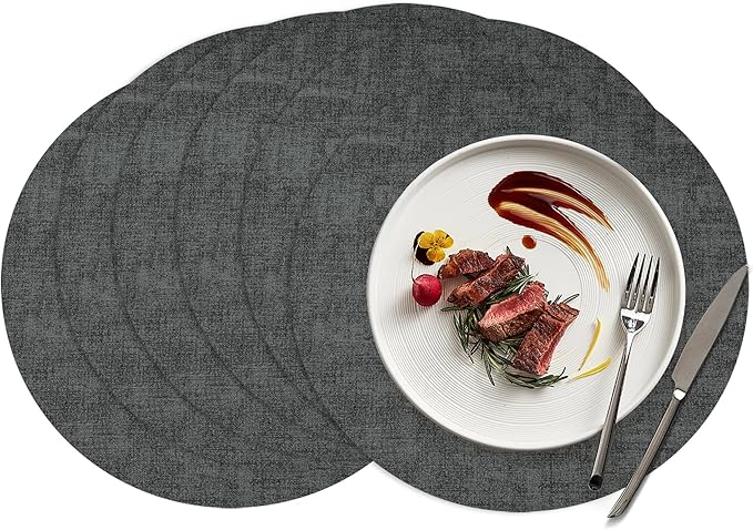 15 inch Faux Leather Round Placemats Set of 6 Non-Slip Washable Wipeable Table Mats, Heat Resistant Waterproof Oilproof Black Place Mats for Kitchen, Dining, Party, Indoor, Outdoor
