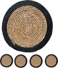 ANDSTAR Round Woven Placemats Set of 4, 12"x12", Natural Wicker Placemats, Water Hyacinth Straw Braided Placemats,Boho Place Mats for Farmhouse, Rustic Table (Water Hyacinth + Black Cotton Rope)