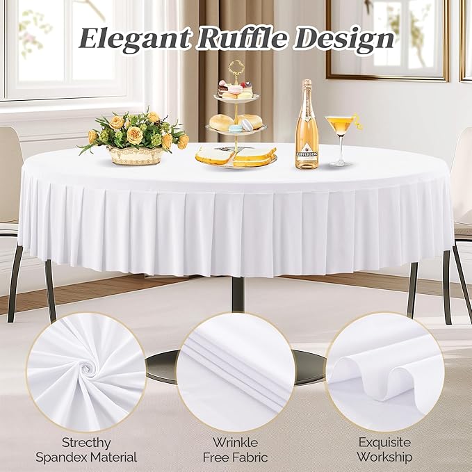 8 Pack White Spandex Round Tablecloths for 72in Table, Stretchy Fitted 6FT Round Table Cloths, Wrinkle Free Table Cover with Skirt for Wedding Birthday Party Bridal Shower Banquet