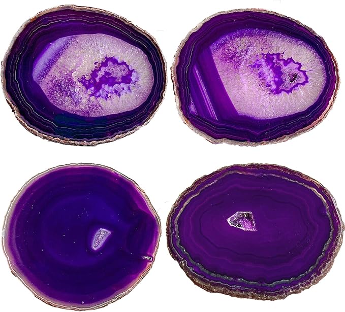 AMOYSTONE 4pcs Purple Agate Stone Coasters Large Cup Mat Natural Agate Slices 4-5 INCH with Rubber Bumpers, Home Decor