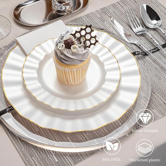120PCS Pearl White Plastic Plates, Heavy Duty Disposable Party Plates with Gold Rim, 60 Dinner & 60 Dessert for Parties and Wedding