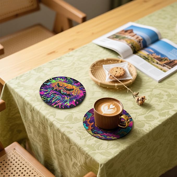 Pumpkin Coasters Leather Round Drink Coasters 6 Pcs Set with Holderor for Cup Drink Coffee Table Bar Home Decor